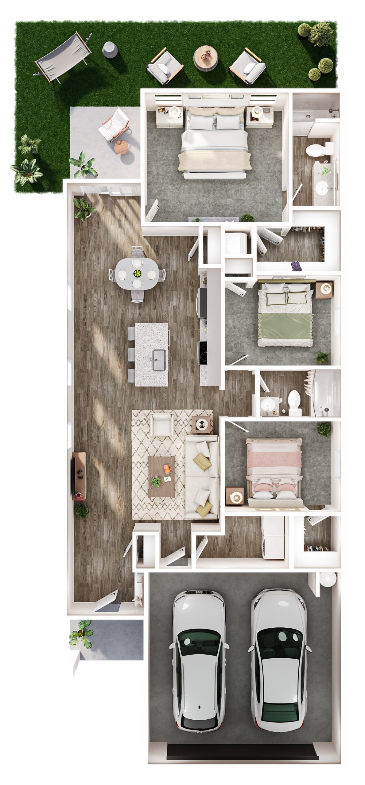 A 3D image of the Enterprise floorplan, a 1401 squarefoot, 3 bed / 2 bath unit