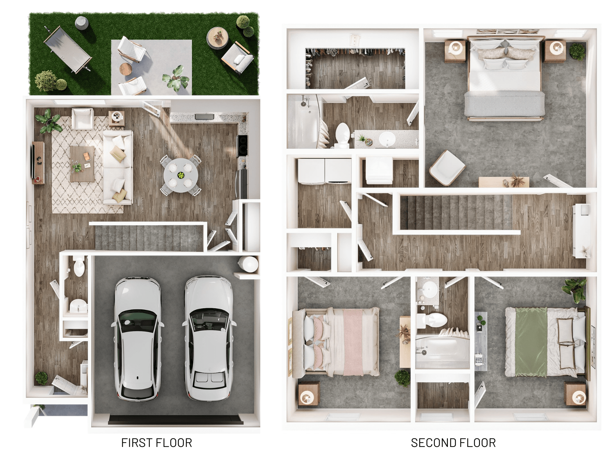 A 3D image of the Endeavor floorplan, a 1605 squarefoot, 3 bed / 2.5 bath unit