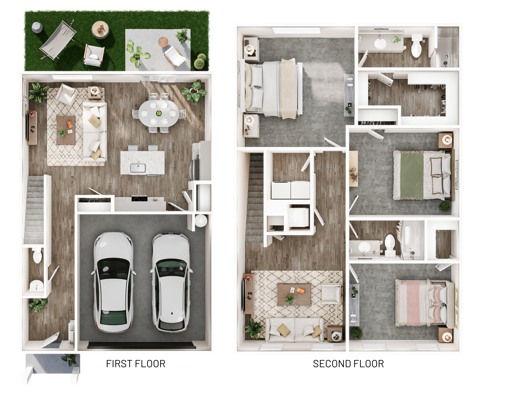 A 3D image of the Voyager floorplan, a 1826 squarefoot, 3 bed / 2.5 bath unit